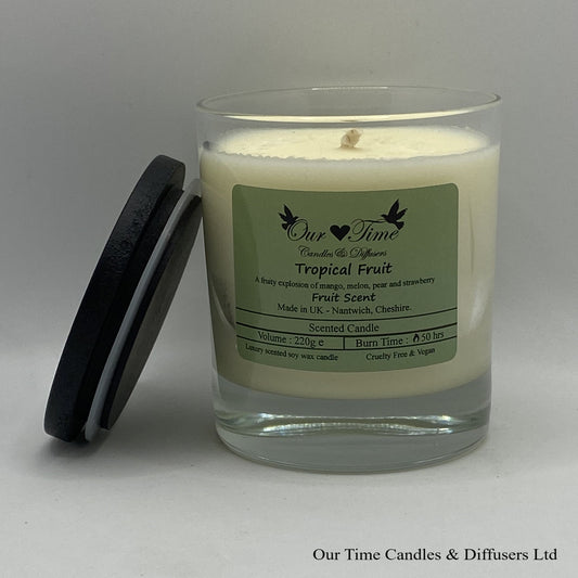 Large vegan soy scented candle with black lid off