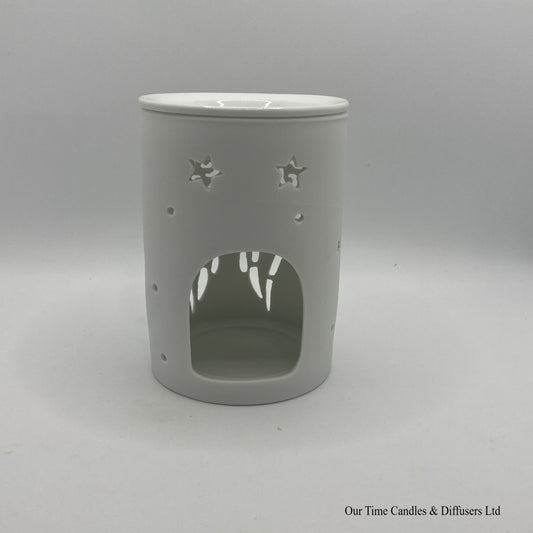 Rear view of our Angel Wings cut-out wax burner in white ceramic