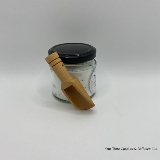 Bath Powder - Lavender product image showing filled jar with black lid and wooden scoop