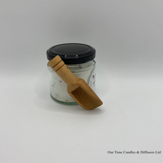 Bath Powder - Rose product image showing filled jar with black lid and wooden scoop