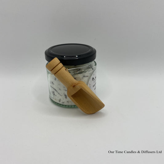 Bath Powder - Vanilla product image showing filled jar with black lid and wooden scoop