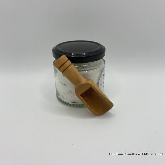 Bath Powder - Wild Berry product image showing filled jar with black lid and wooden scoop