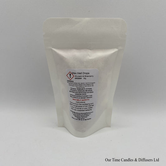 Rhubarb & Strawberry scented soy wax melt drops in a white bag