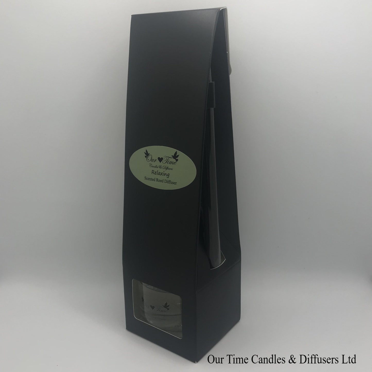 reed diffuser 100ml supplied in a clear bottle with black cap packed into a black box