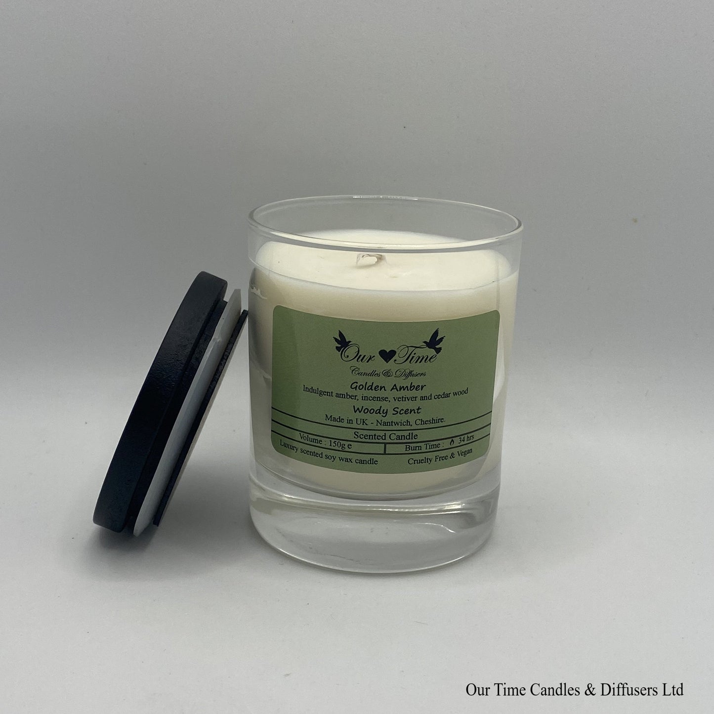 Medium Wax Filled Scented Candle with Black lid off