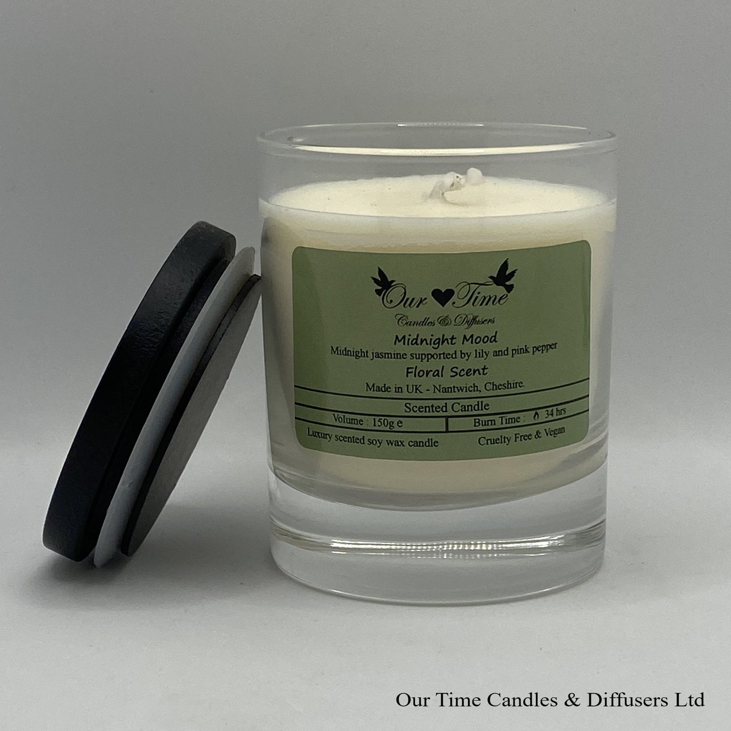 Medium Scented Candle with black lid off