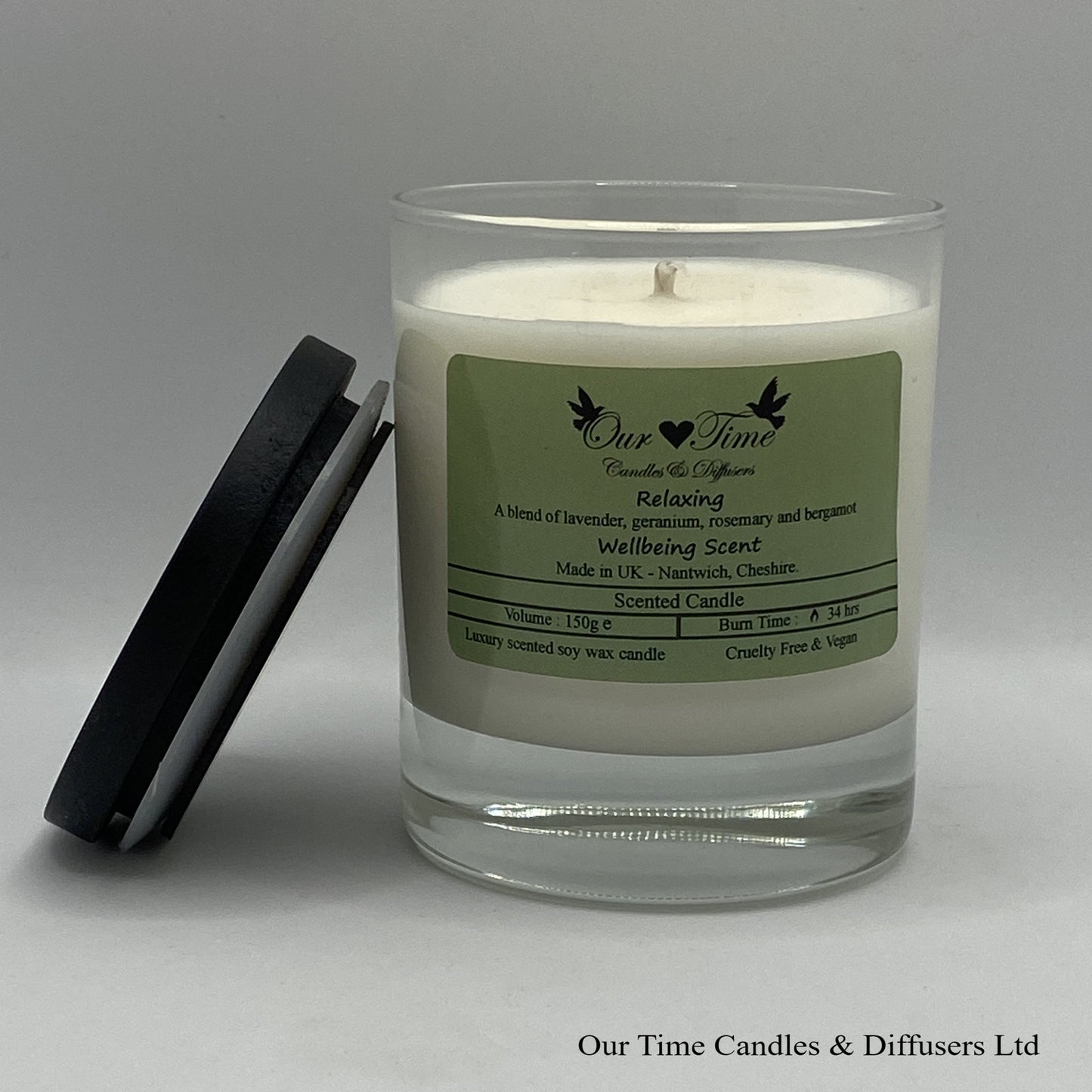 Medium Scented Candle with black lid off