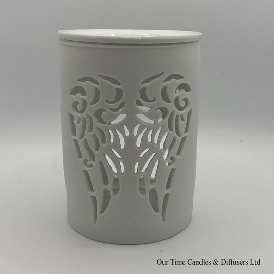 Front view of our Angel Wings cut-out wax burner in white ceramic