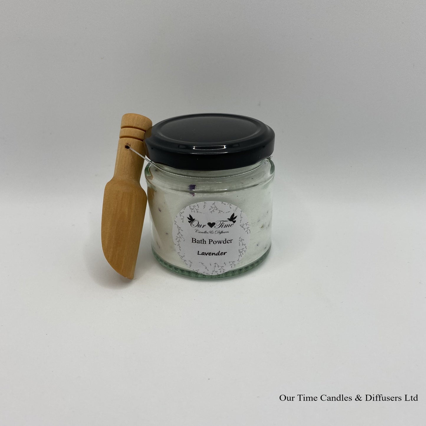 Bath Powder - Lavender product image showing filled jar with black lid and wooden scoop