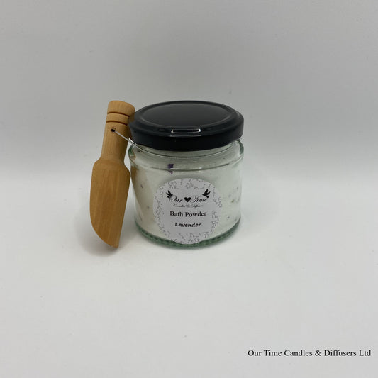 Bath Powder - Lavender product image showing filled jar with black lid and wooden scoop