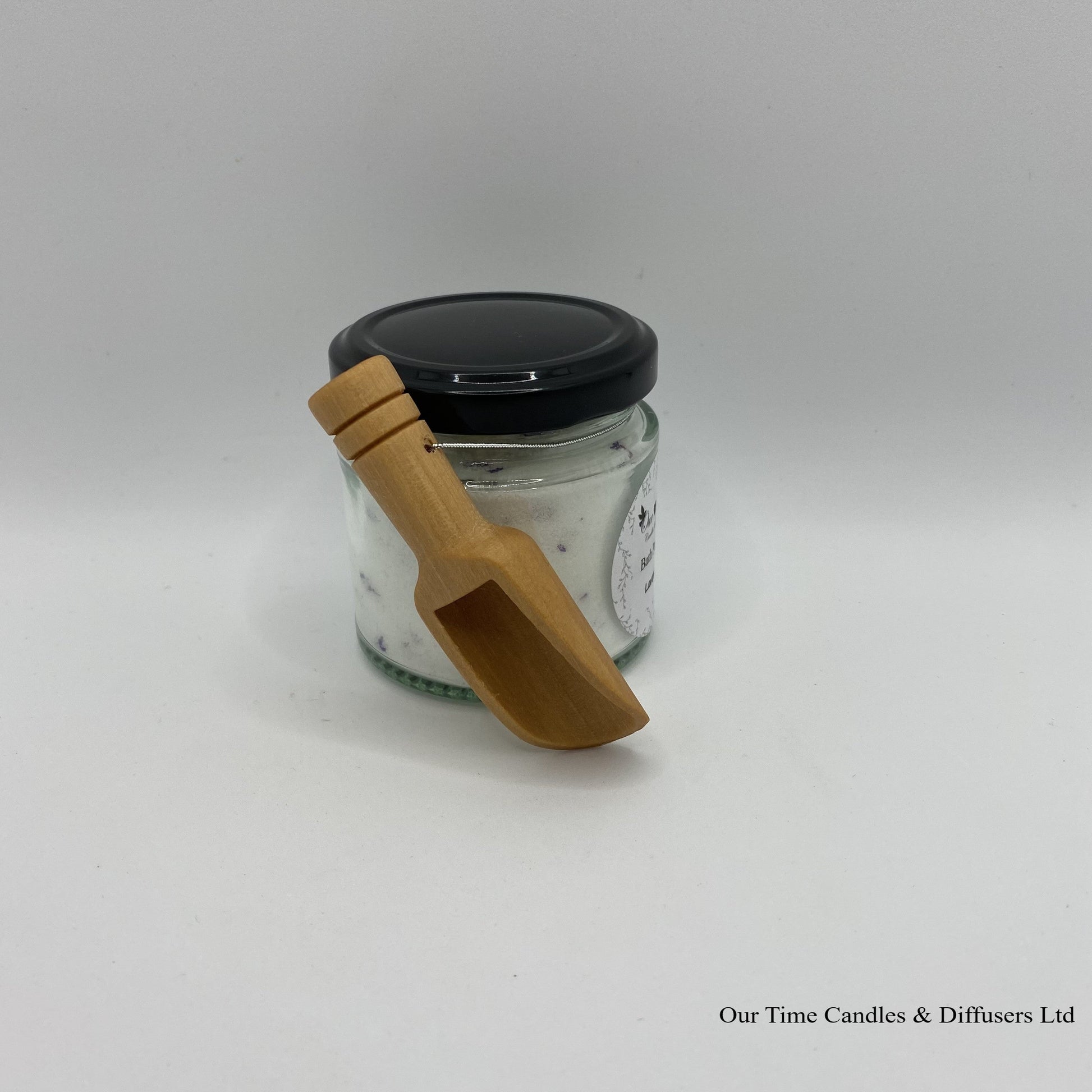 Bath Powder - Lavender product image showing filled jar with black lid and wooden scoop