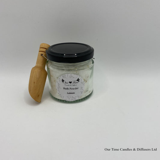 Bath Powder - Lemon product image showing filled jar with black lid and wooden scoop