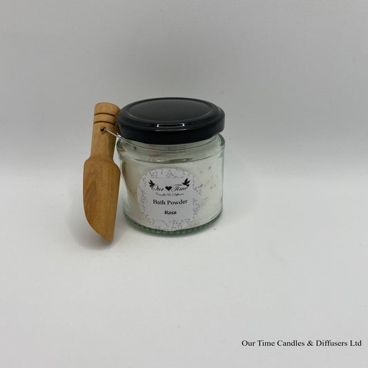 Bath Powder - Rose product image showing filled jar with black lid and wooden scoop