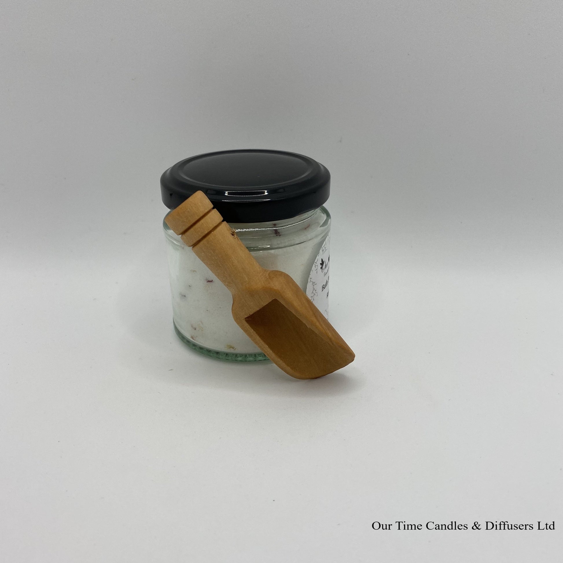 Bath Powder - Rose product image showing filled jar with black lid and wooden scoop