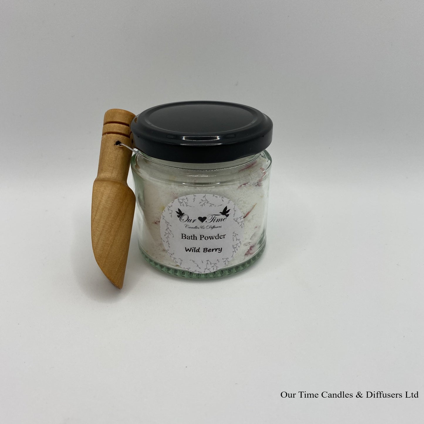 Bath Powder - Wild Berry product image showing filled jar with black lid and wooden scoop