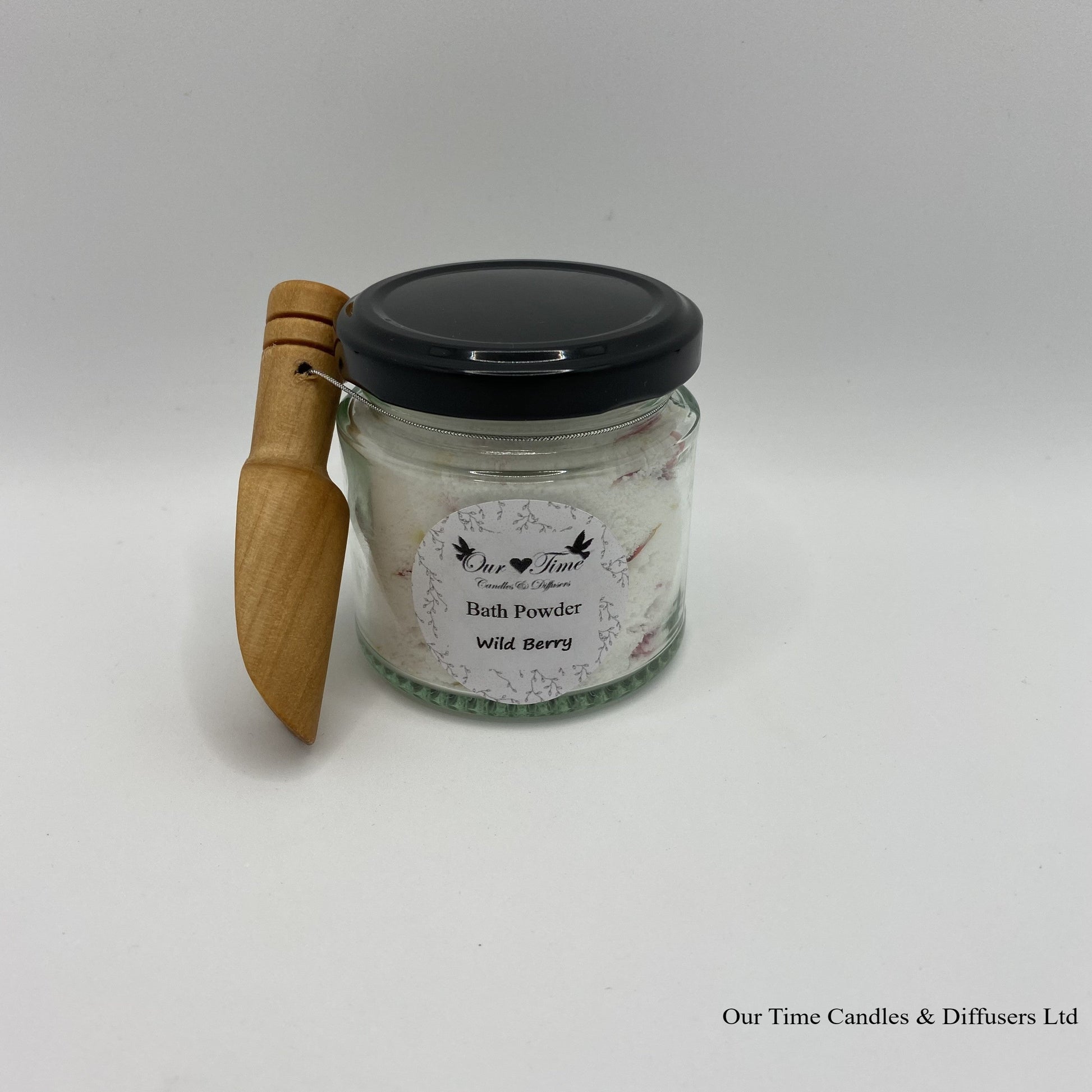 Bath Powder - Wild Berry product image showing filled jar with black lid and wooden scoop