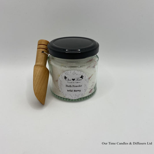 Bath Powder - Wild Berry product image showing filled jar with black lid and wooden scoop