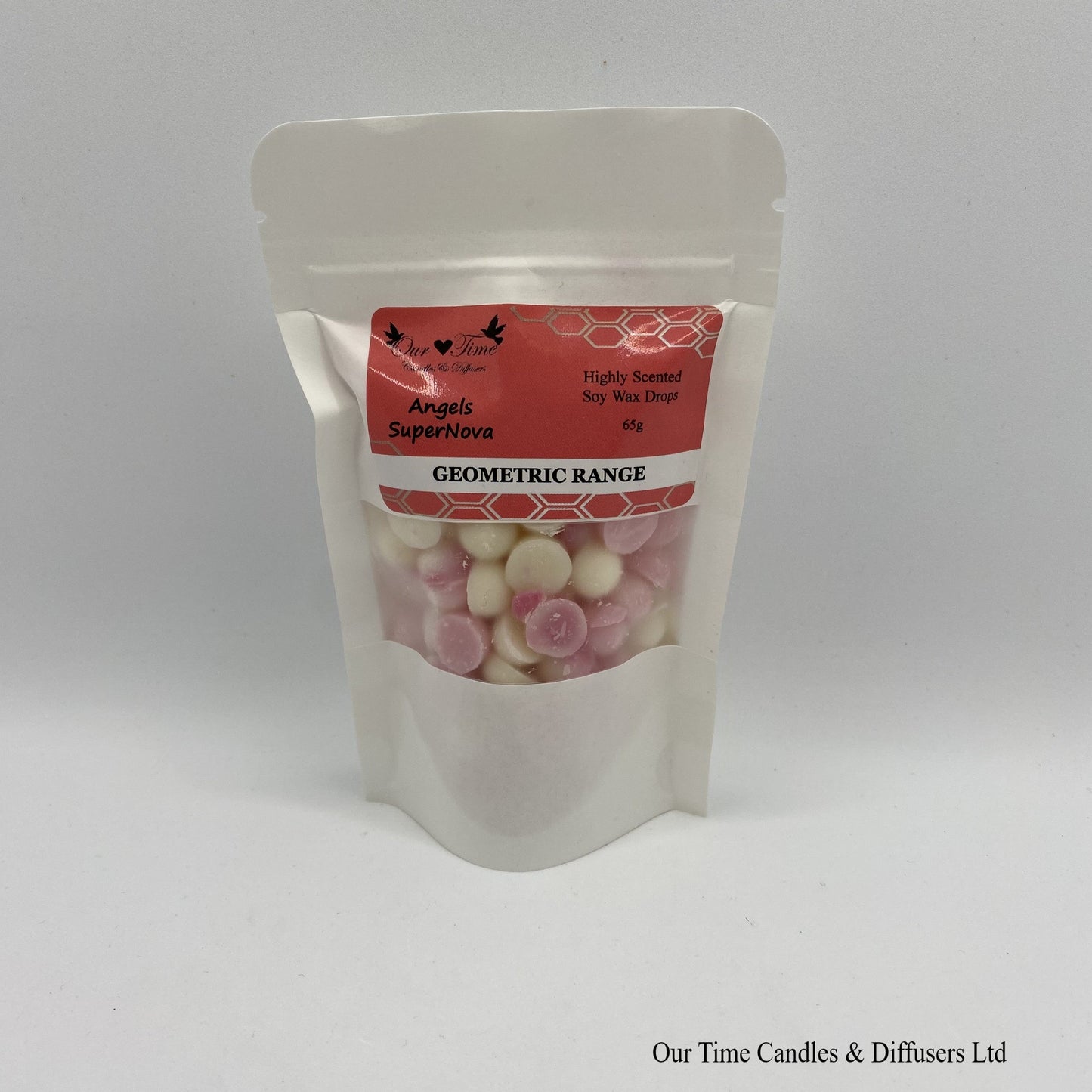 Angel Supernova inspired soy wax melt drops in a white bag