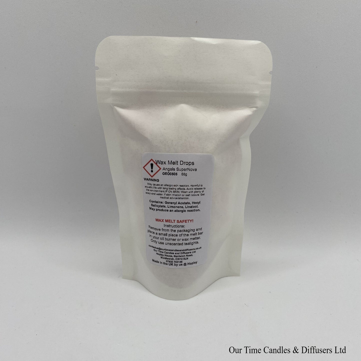 Angel Supernova inspired soy wax melt drops in a white bag