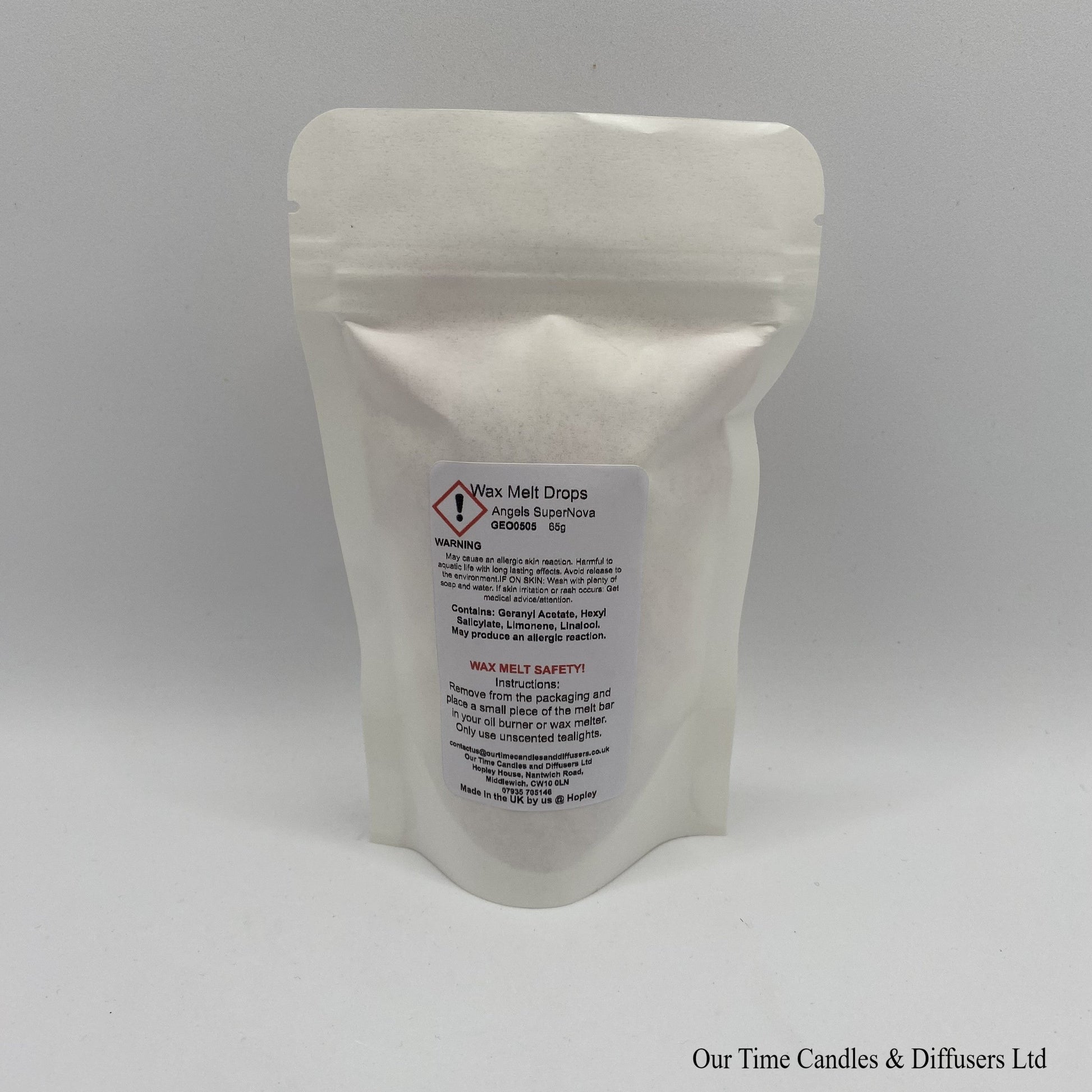 Angel Supernova inspired soy wax melt drops in a white bag