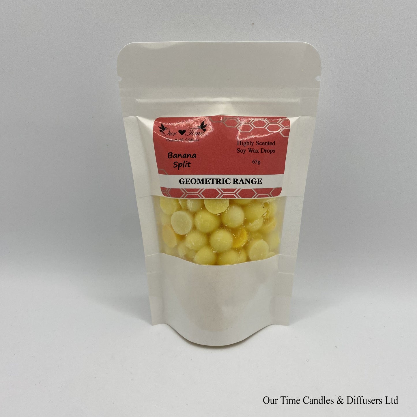 Banana Split scented soy wax melt drops in a white bag