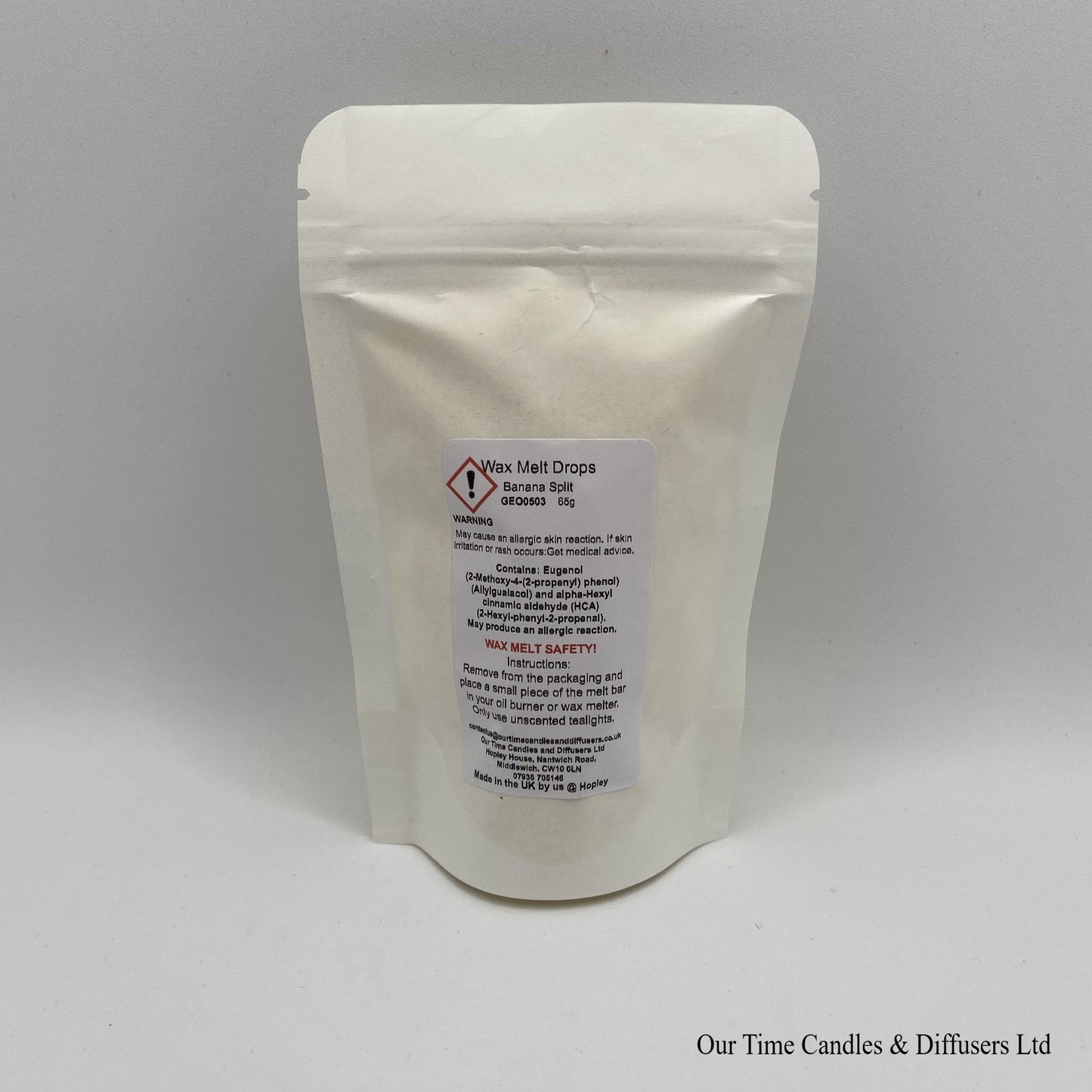Banana Split scented soy wax melt drops in a white bag