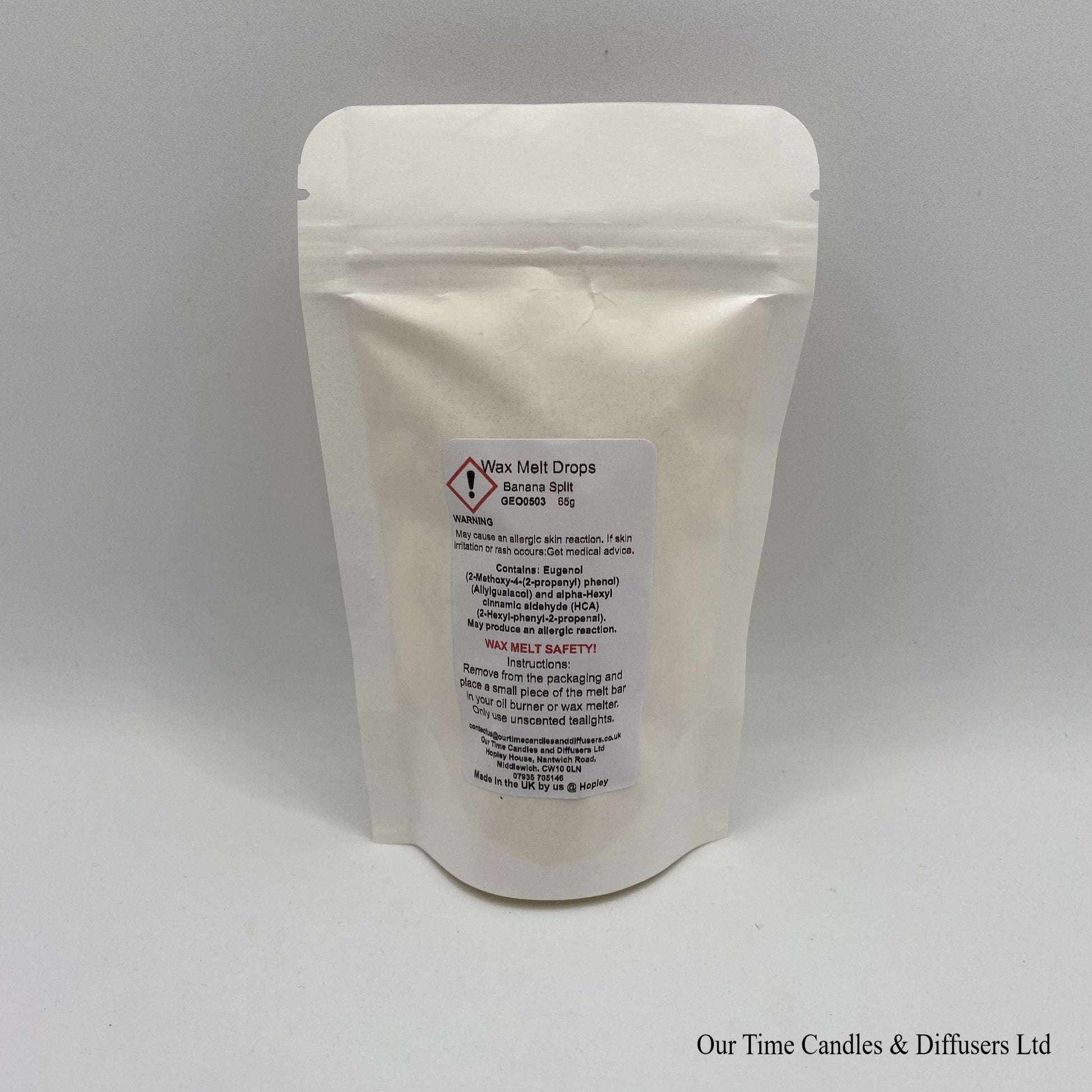 Banana Split scented soy wax melt drops in a white bag