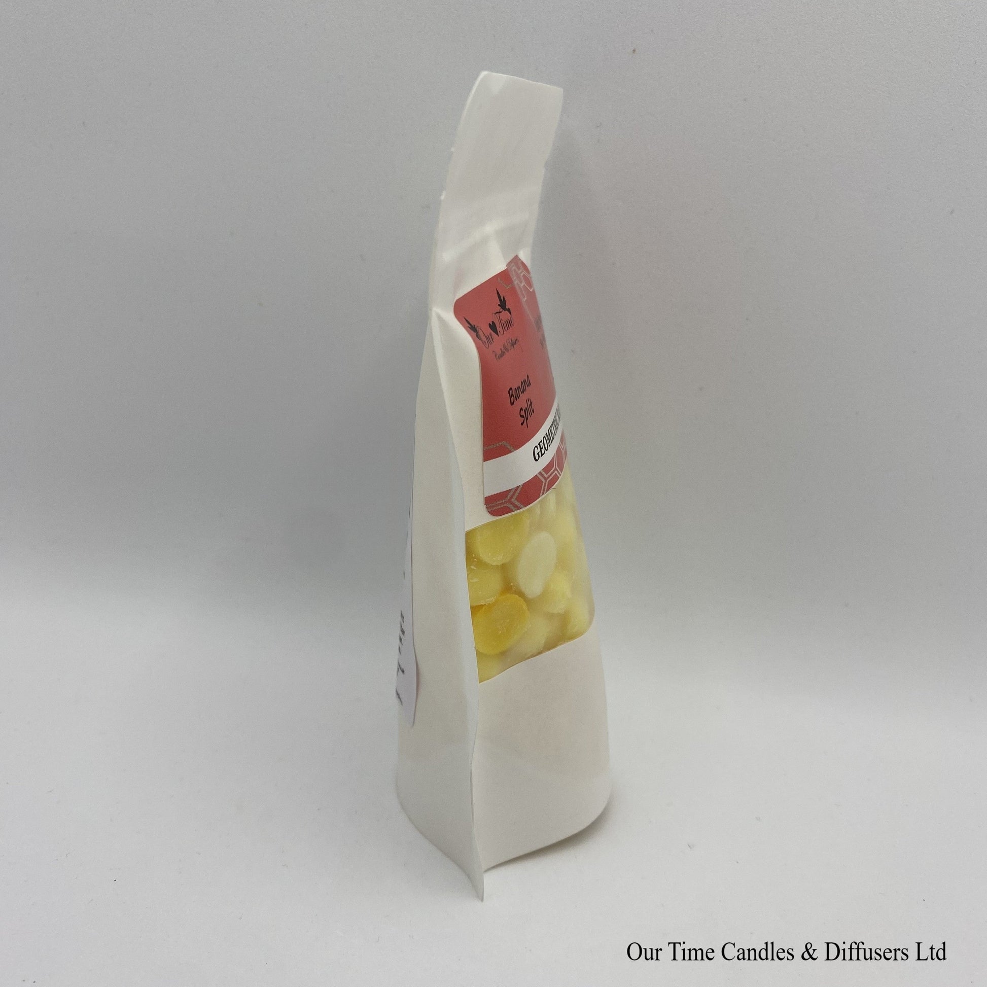 Banana Split scented soy wax melt drops in a white bag