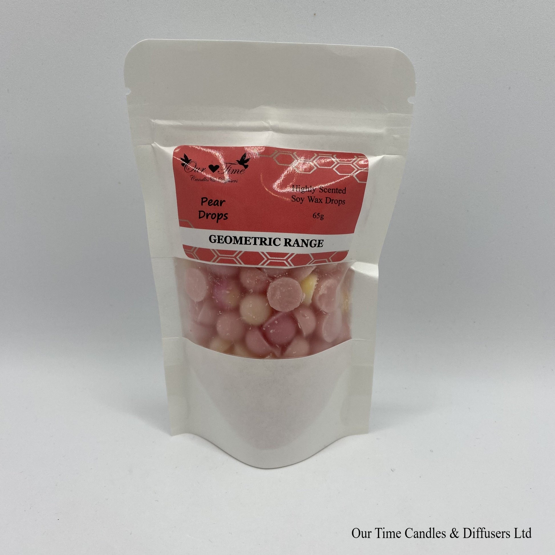 Sweet Pear Drop scented soy wax melt drops in a white bag