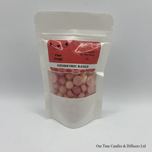 Sweet Pear Drop scented soy wax melt drops in a white bag