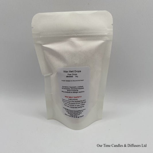 Sweet Pear Drop scented soy wax melt drops in a white bag