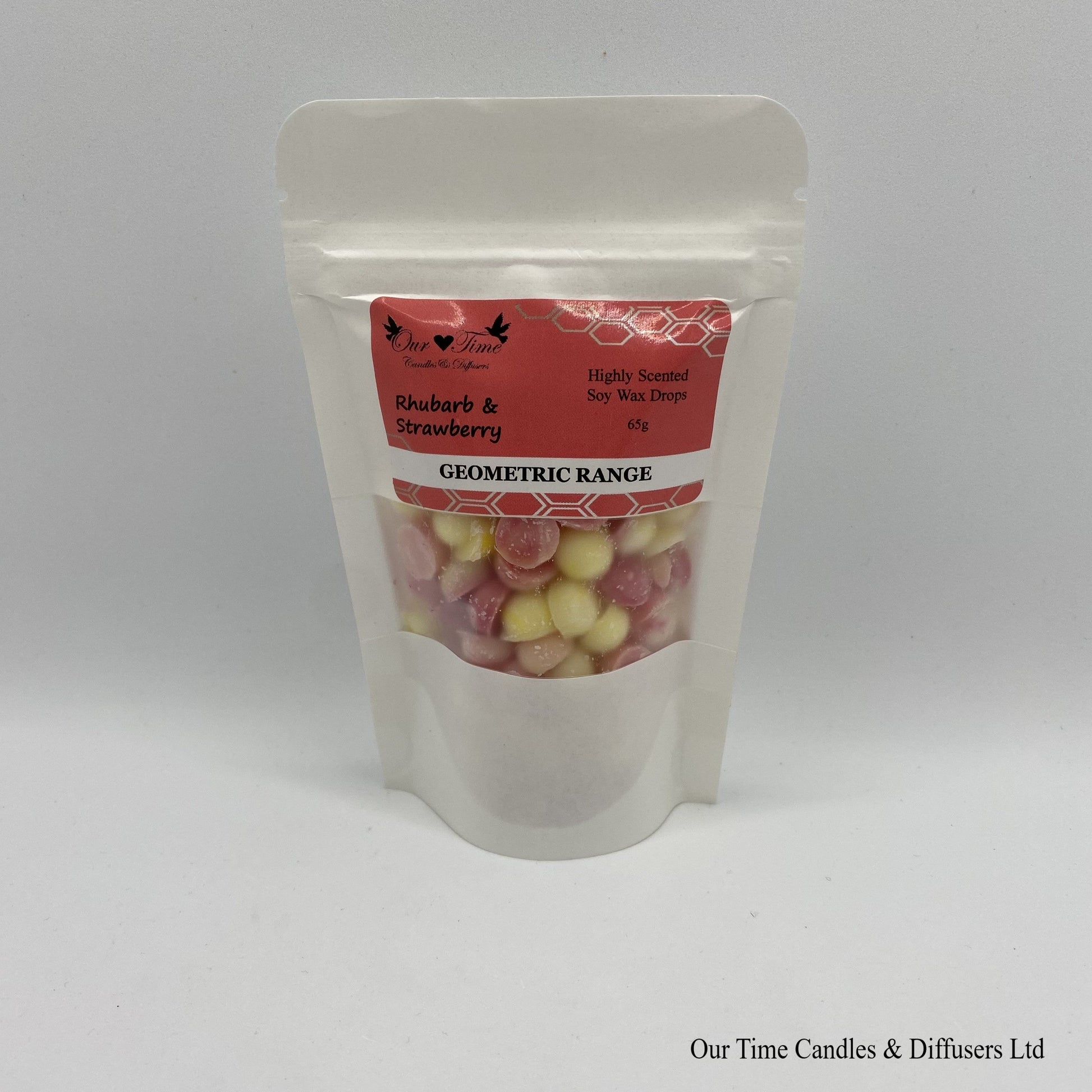 Rhubarb & Strawberry scented soy wax melt drops in a white bag