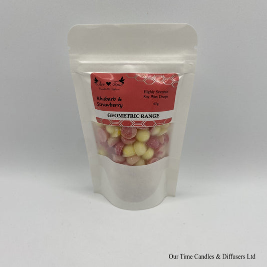 Rhubarb & Strawberry scented soy wax melt drops in a white bag