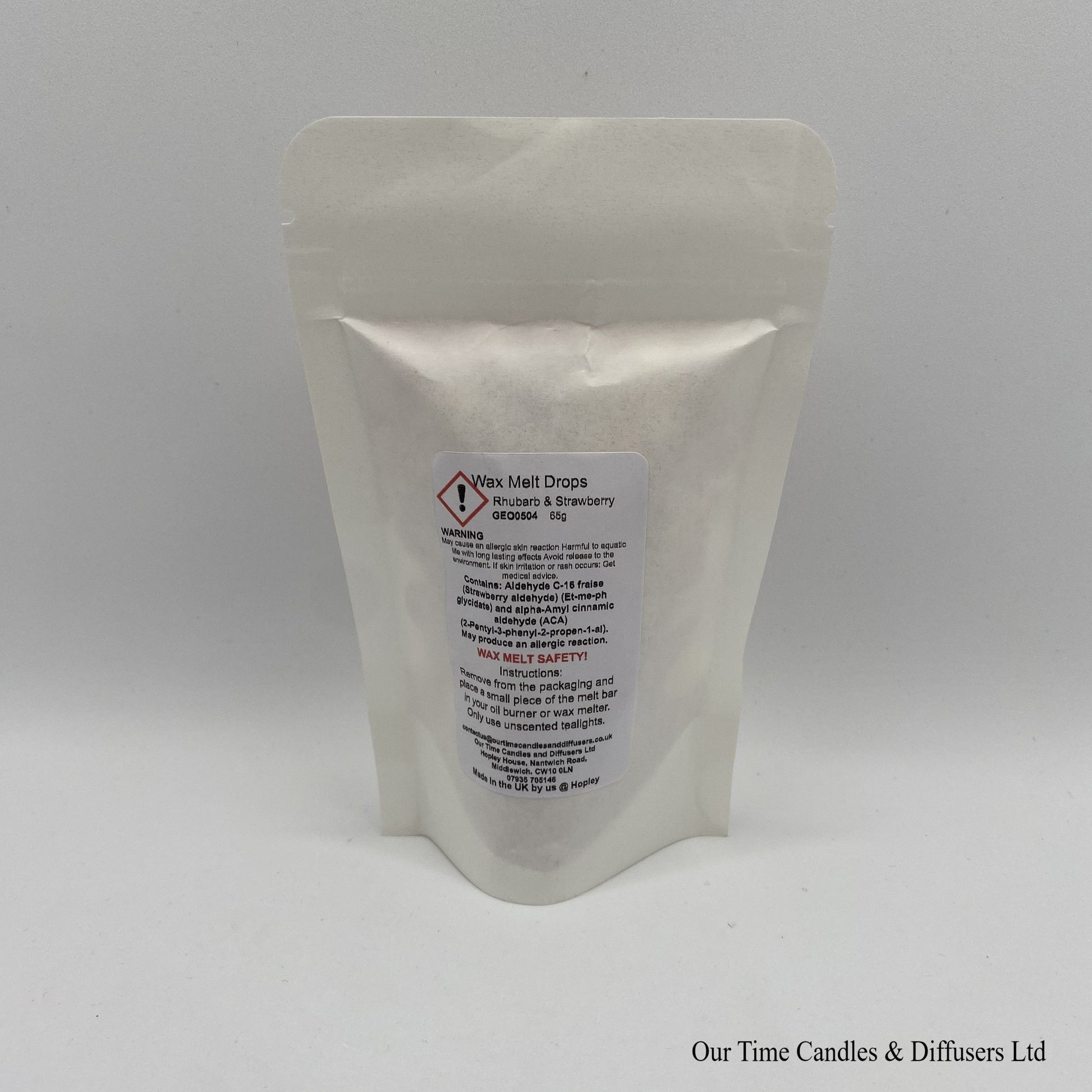 Rhubarb & Strawberry scented soy wax melt drops in a white bag