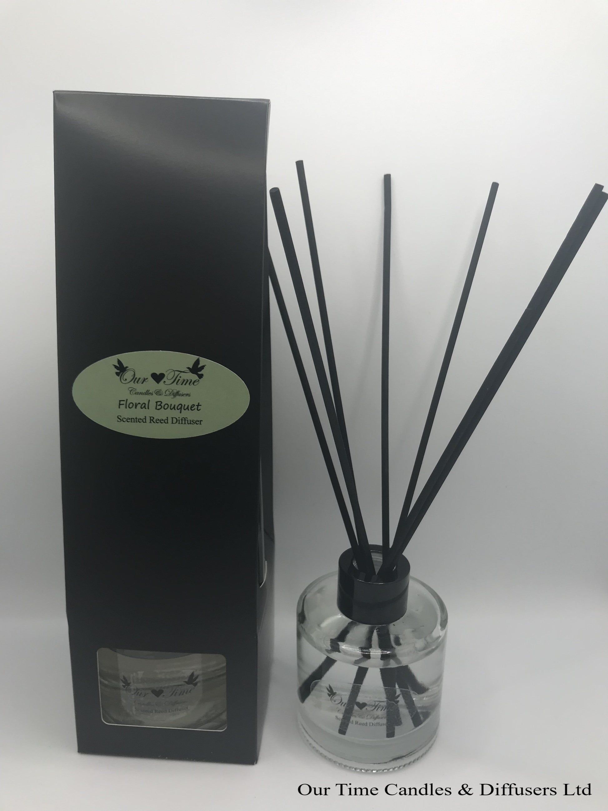 reed diffuser 100ml supplied in a clear bottle with black lid packed into a black box
