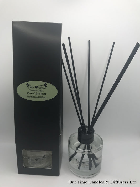 reed diffuser 100ml supplied in a clear bottle with black lid packed into a black box