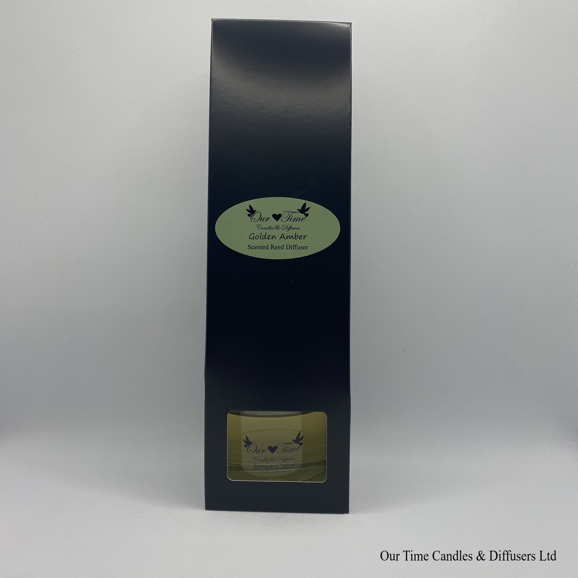 Reed diffuser 100ml supplied in a clear bottle with black lid packed into a black box