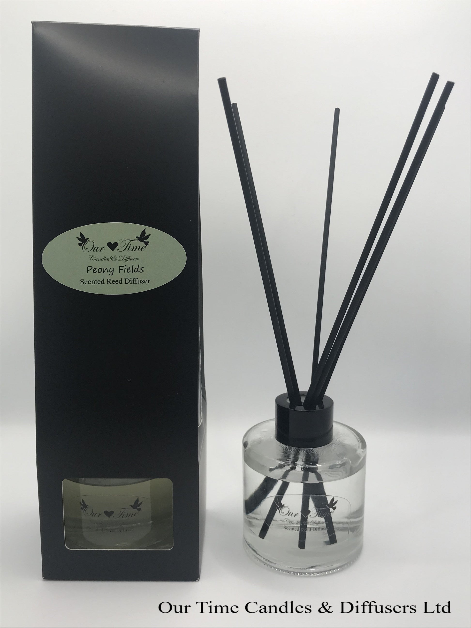 reed diffuser 100ml supplied in a clear bottle with black cap packed into a black box