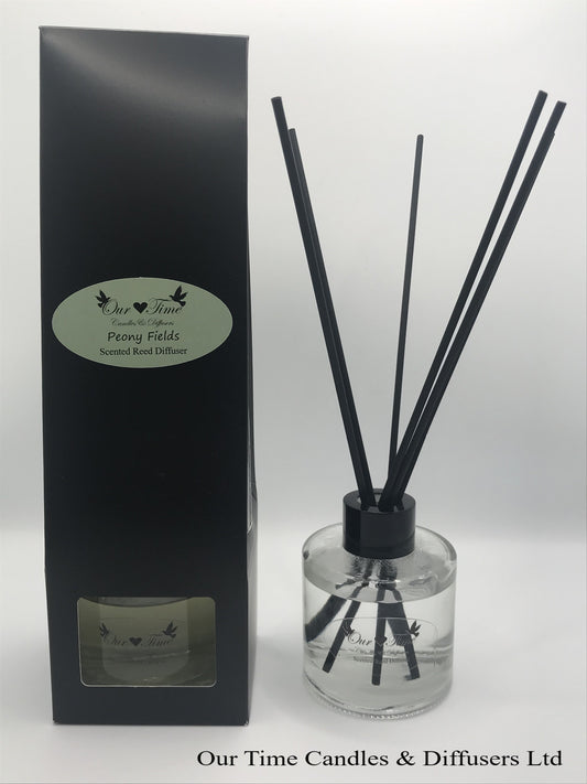 reed diffuser 100ml supplied in a clear bottle with black cap packed into a black box