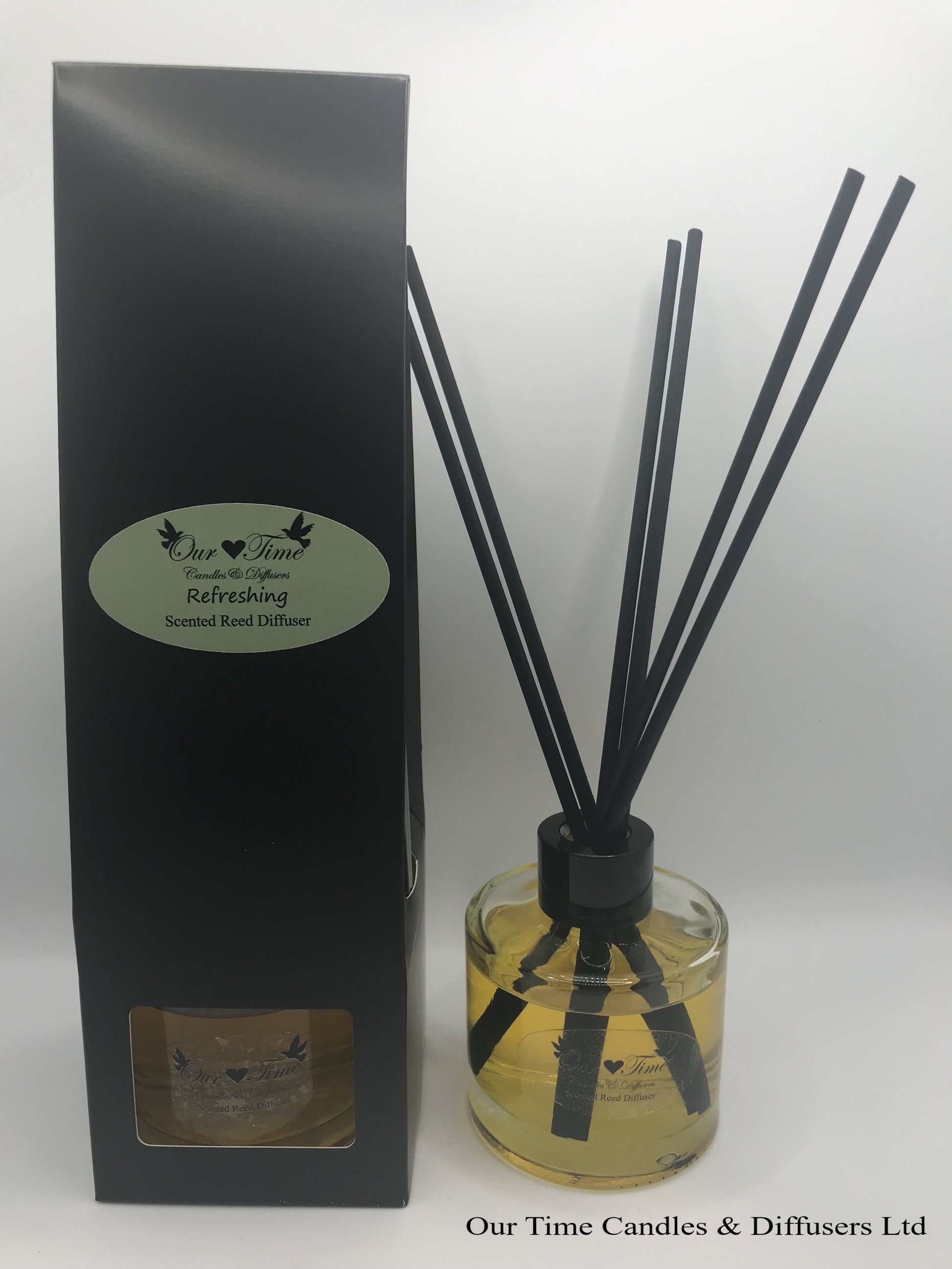 reed diffuser 100ml supplied in a clear bottle with black cap packed into a black box