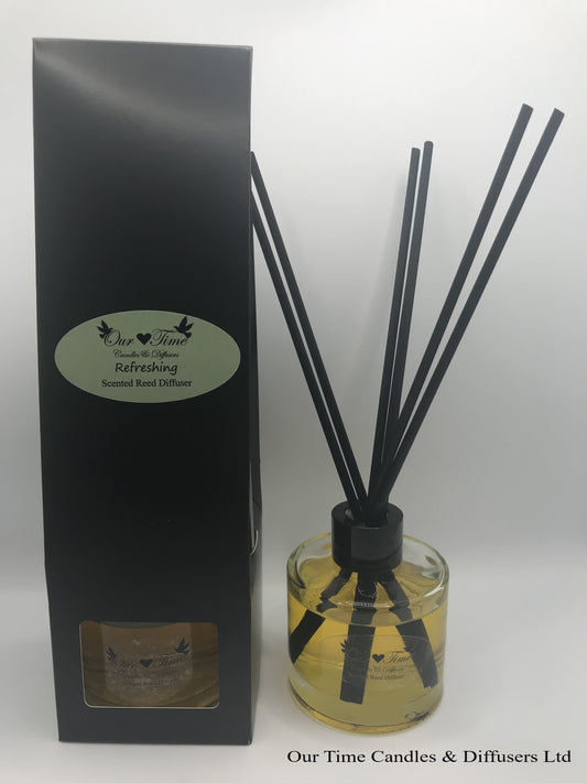 reed diffuser 100ml supplied in a clear bottle with black cap packed into a black box