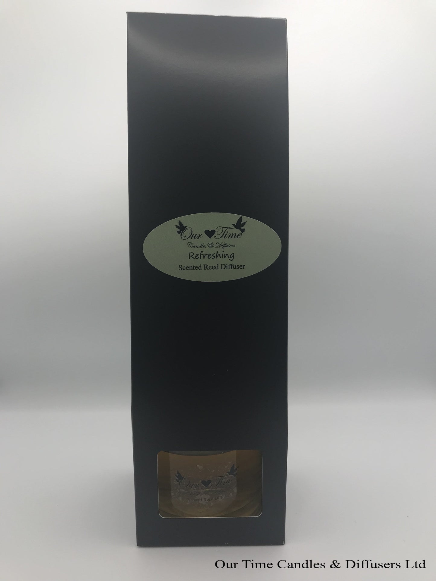 reed diffuser 100ml supplied in a clear bottle with black cap packed into a black box