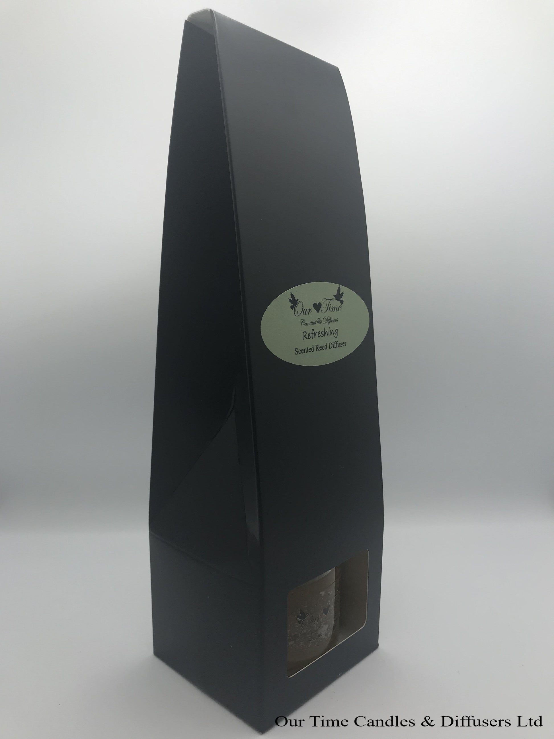 reed diffuser 100ml supplied in a clear bottle with black cap packed into a black box