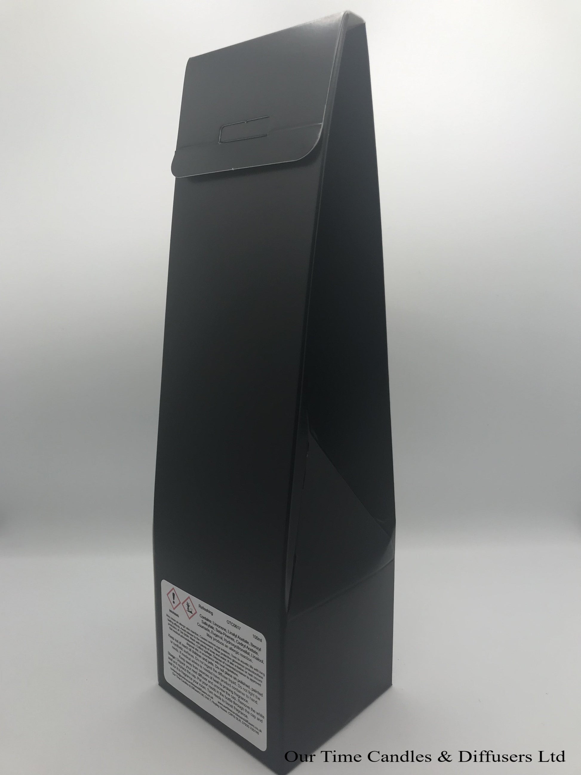 reed diffuser 100ml supplied in a clear bottle with black cap packed into a black box