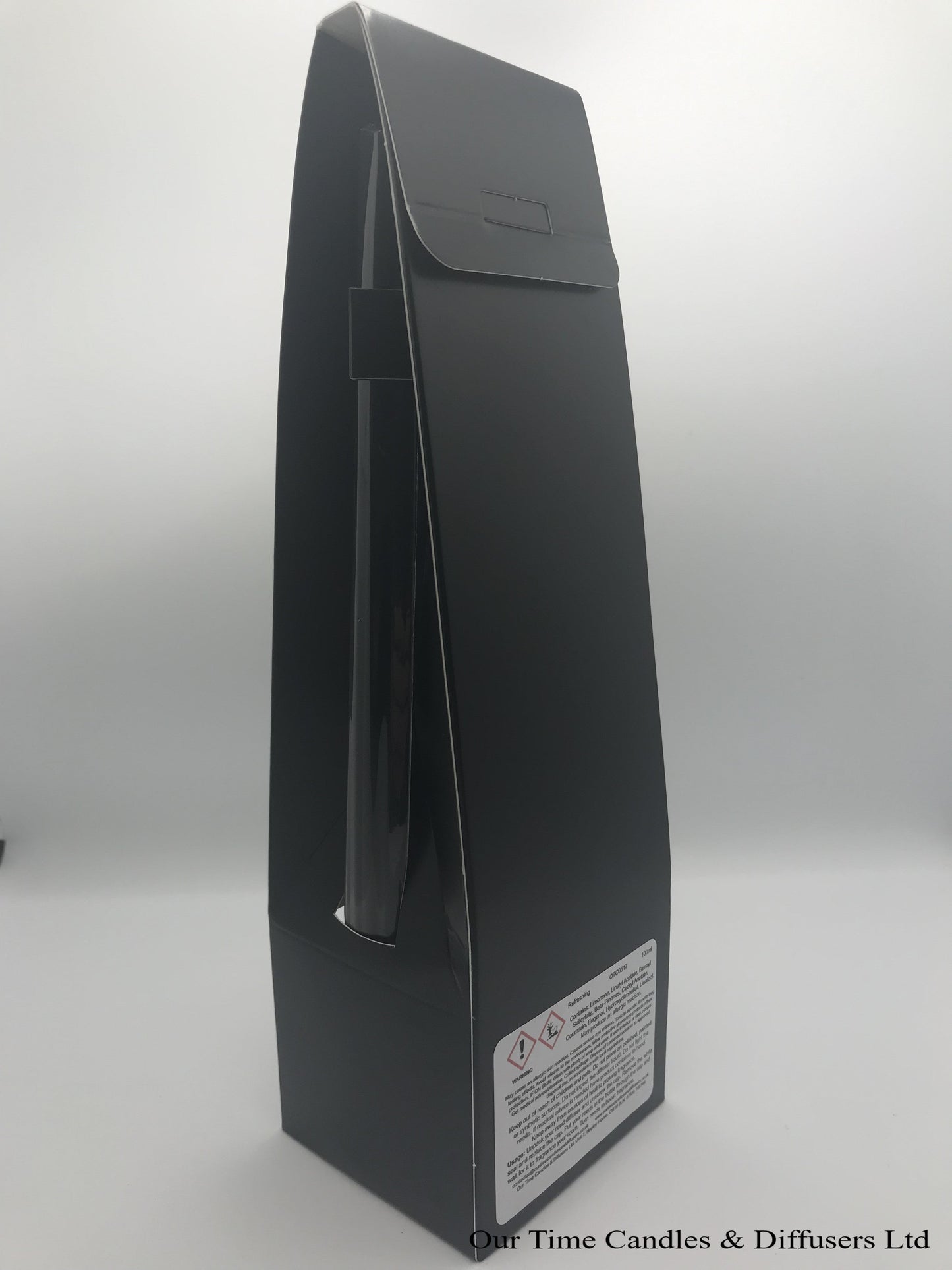 reed diffuser 100ml supplied in a clear bottle with black cap packed into a black box