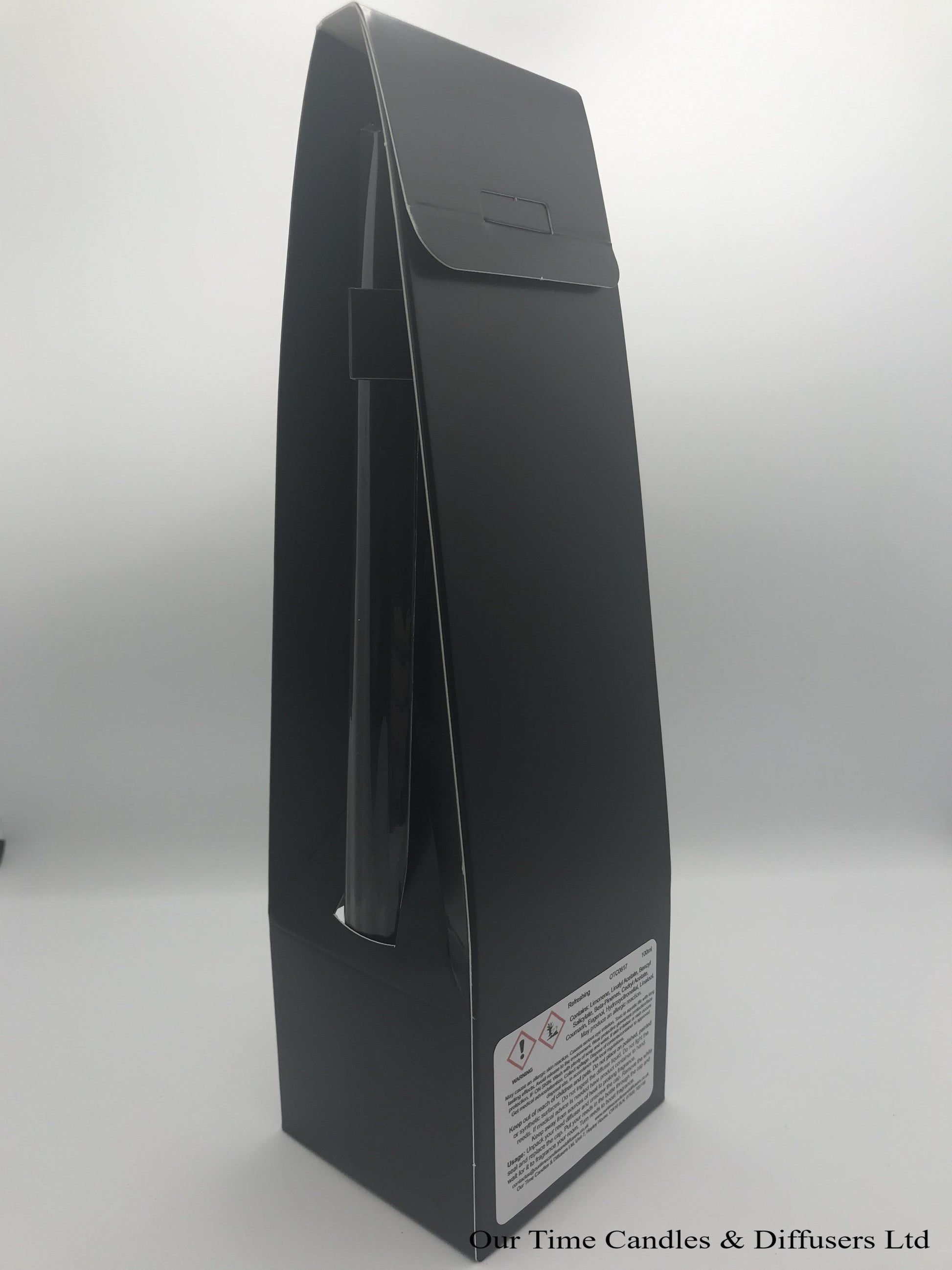 reed diffuser 100ml supplied in a clear bottle with black cap packed into a black box