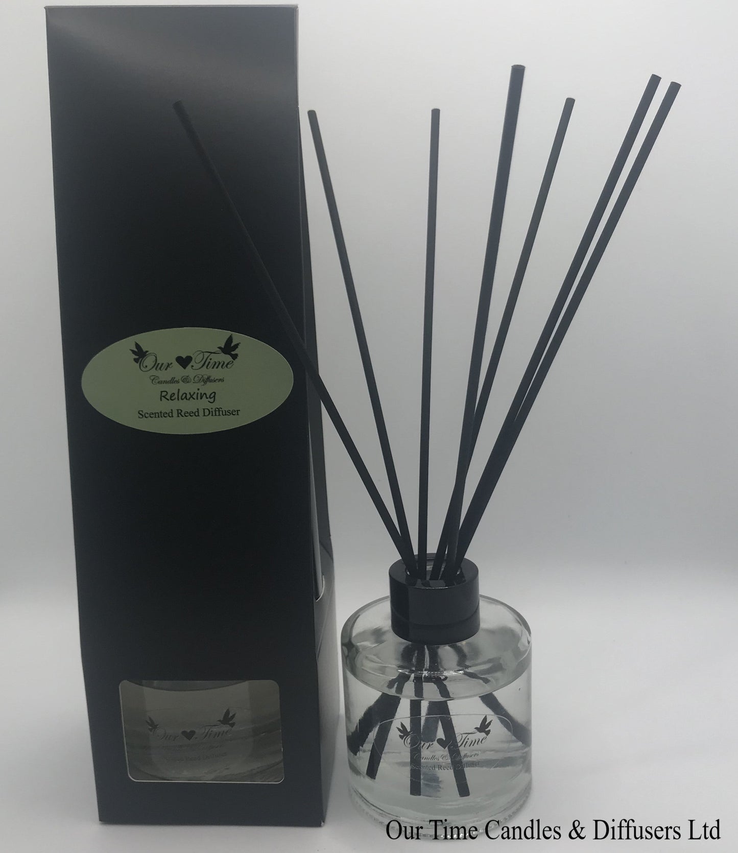 reed diffuser 100ml supplied in a clear bottle with black cap packed into a black box