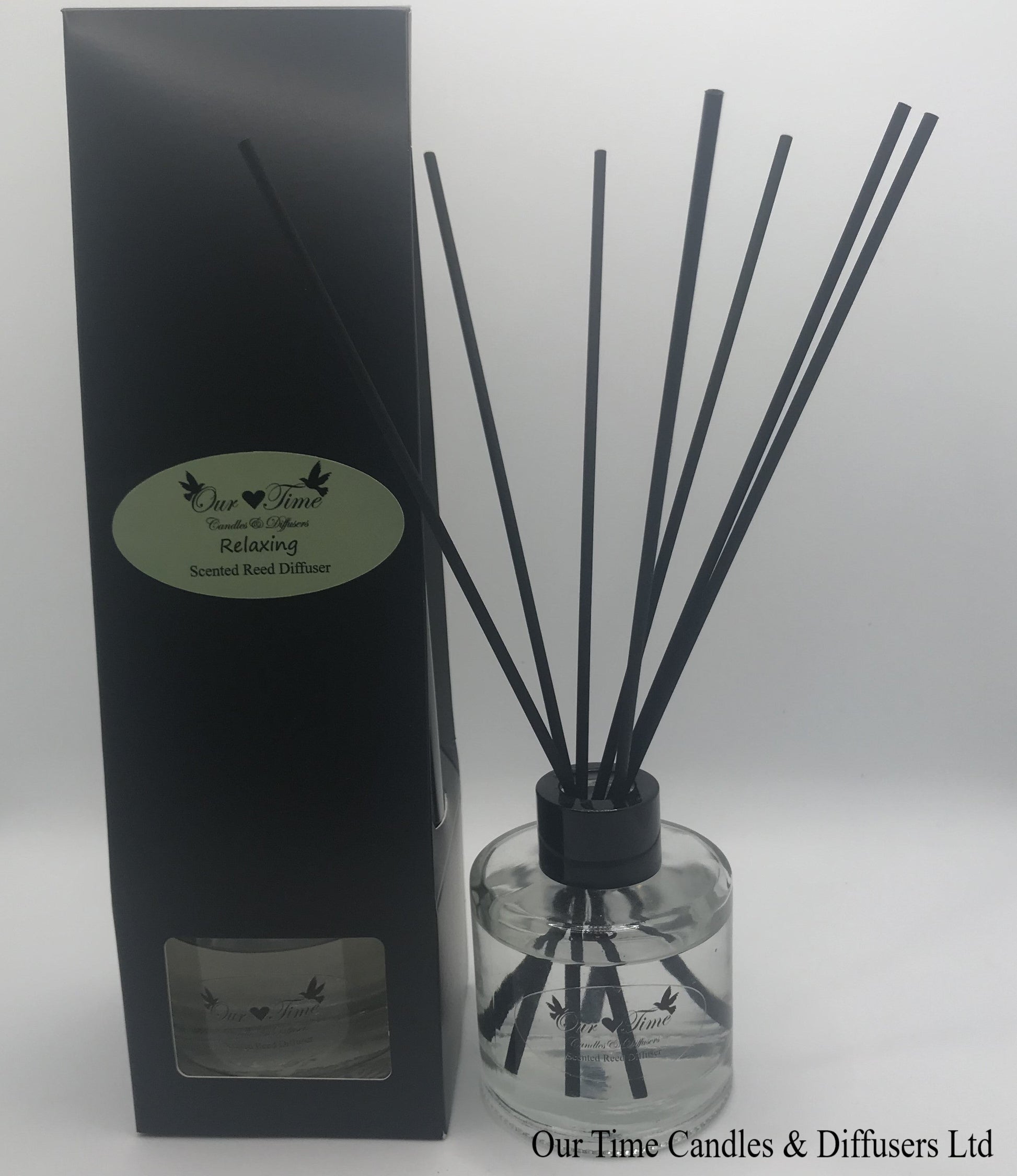 reed diffuser 100ml supplied in a clear bottle with black cap packed into a black box