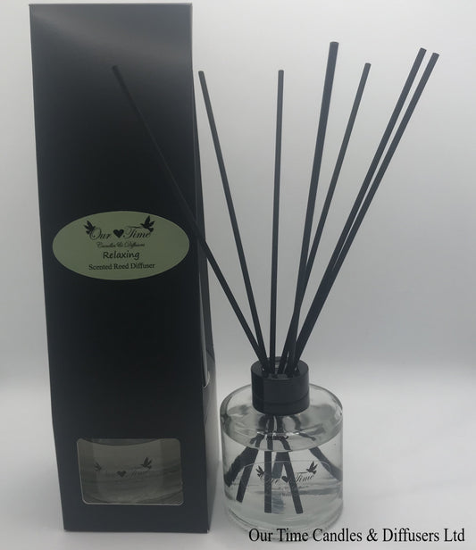 reed diffuser 100ml supplied in a clear bottle with black cap packed into a black box