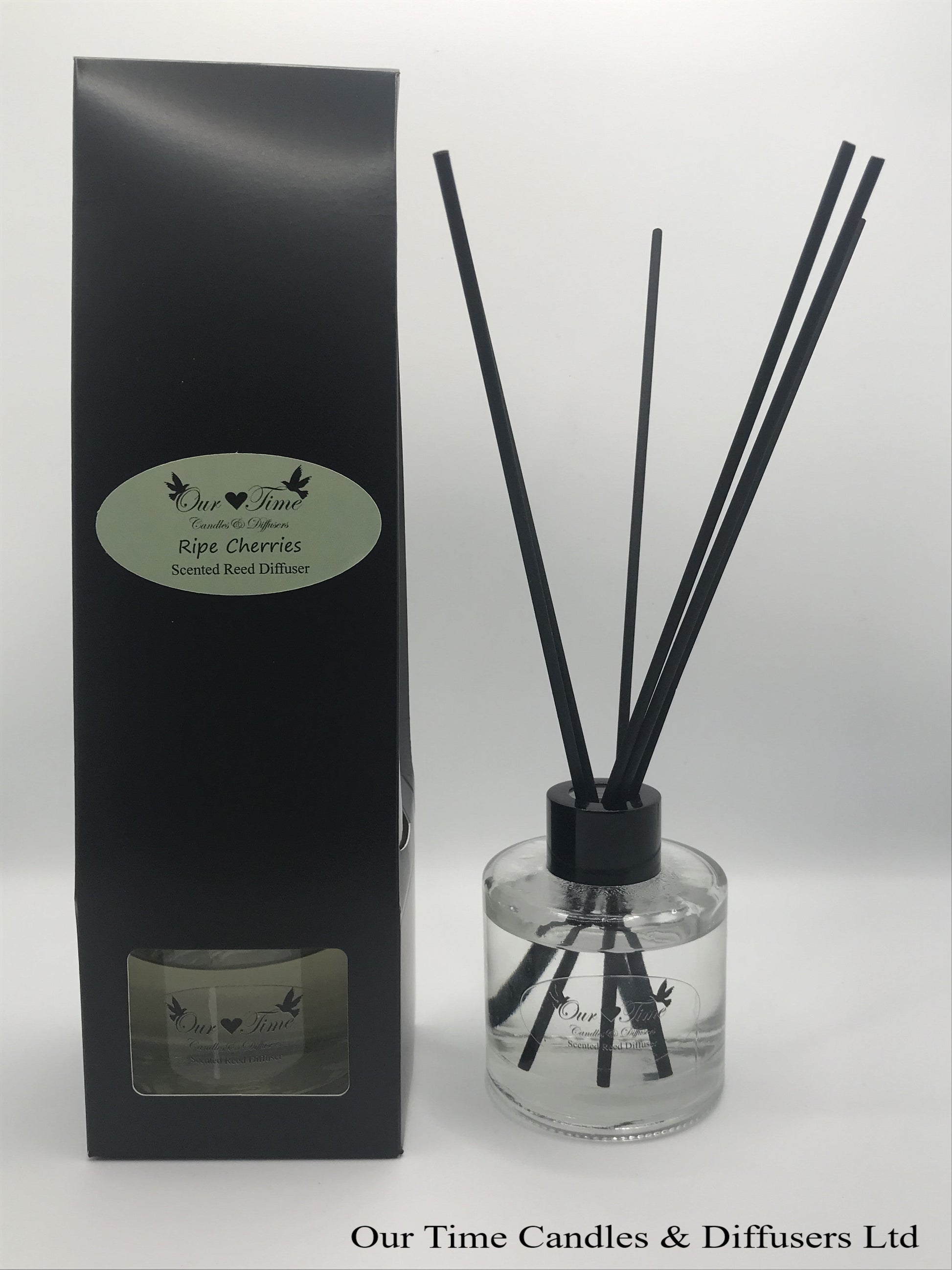 reed diffuser 100ml supplied in a clear bottle with black cap packed into a black box
